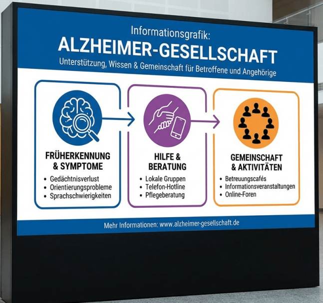 Infographic for ALZHEIMER-GESELLSCHAFT. Sections: Early Detection & Symptoms (memory loss, orientation, language), Help & Advice (local groups, hotline, counseling), and Community & Activities (cafés, events, forums). Website: www.alzheimer-gesellschaft.de.