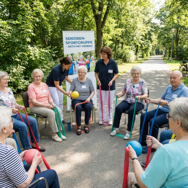 Seniors sitting in a circle outdoors exercising; banner says SENIOREN-SPORTGRUPPE - AKTIV MIT DEMENZ.