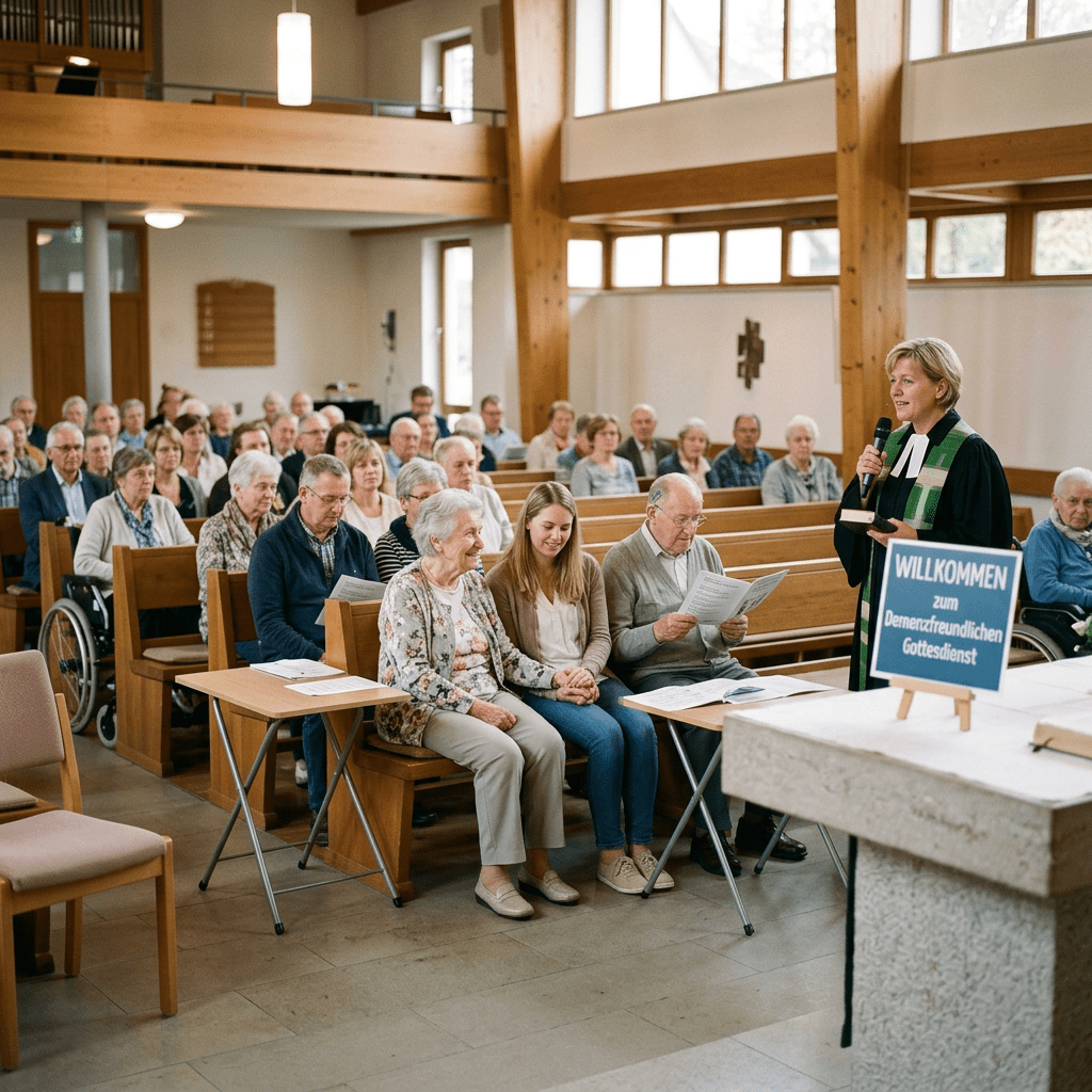 Pastor speaking at a dementia-friendly church service with seated congregation.